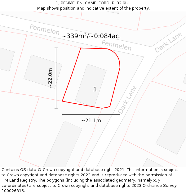1, PENMELEN, CAMELFORD, PL32 9UH: Plot and title map