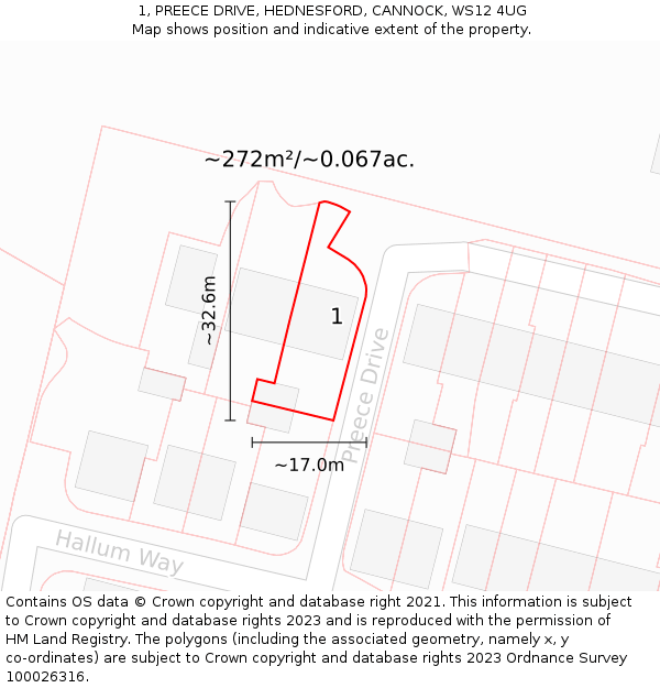 1, PREECE DRIVE, HEDNESFORD, CANNOCK, WS12 4UG: Plot and title map