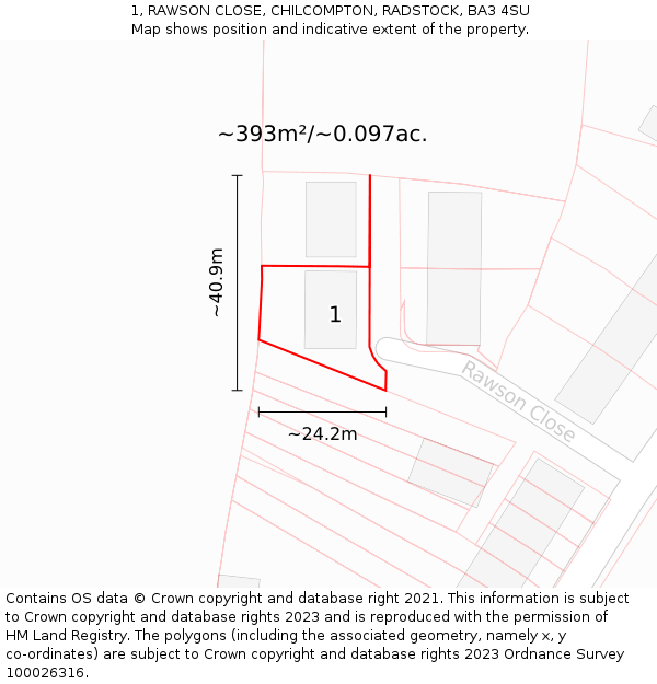 1, RAWSON CLOSE, CHILCOMPTON, RADSTOCK, BA3 4SU: Plot and title map