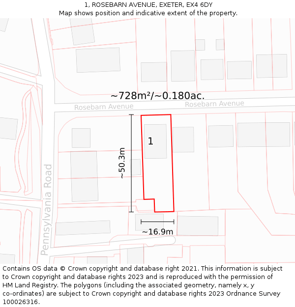 1, ROSEBARN AVENUE, EXETER, EX4 6DY: Plot and title map
