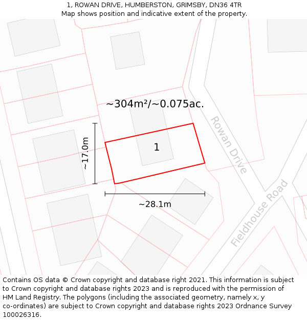 1, ROWAN DRIVE, HUMBERSTON, GRIMSBY, DN36 4TR: Plot and title map
