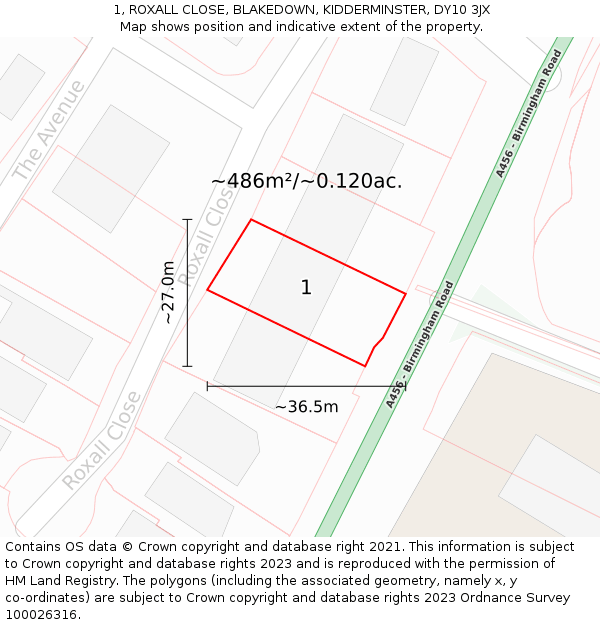 1, ROXALL CLOSE, BLAKEDOWN, KIDDERMINSTER, DY10 3JX: Plot and title map