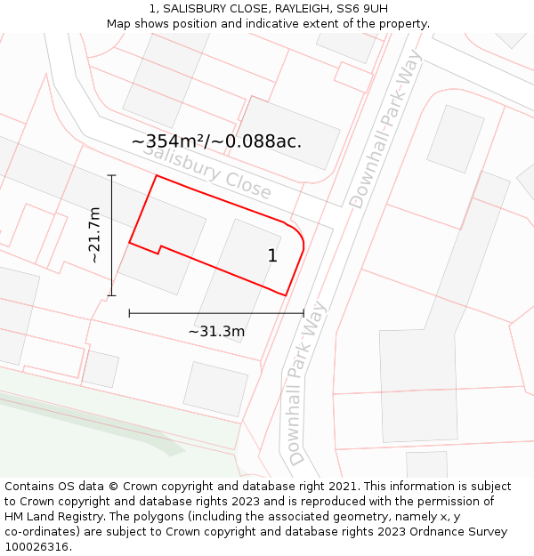 1, SALISBURY CLOSE, RAYLEIGH, SS6 9UH: Plot and title map