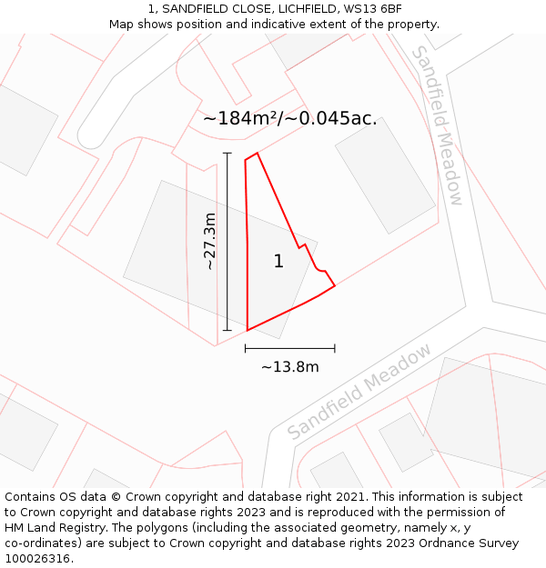 1, SANDFIELD CLOSE, LICHFIELD, WS13 6BF: Plot and title map