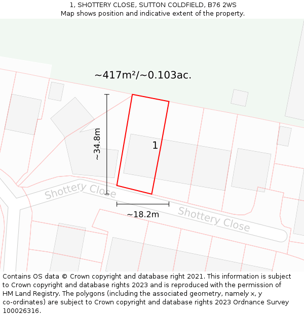 1, SHOTTERY CLOSE, SUTTON COLDFIELD, B76 2WS: Plot and title map