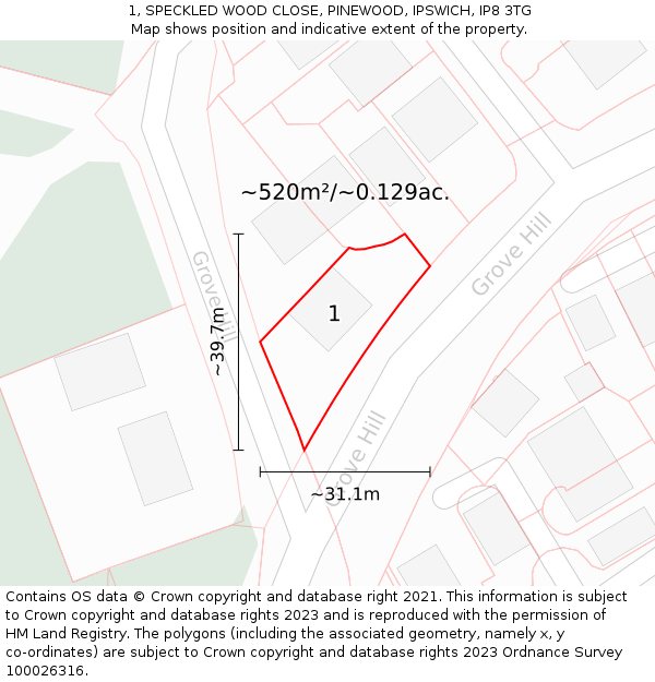 1, SPECKLED WOOD CLOSE, PINEWOOD, IPSWICH, IP8 3TG: Plot and title map