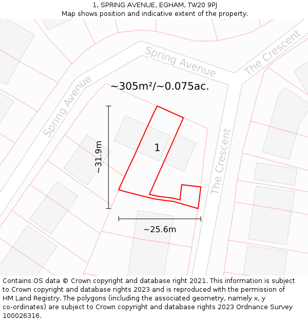 1, SPRING AVENUE, EGHAM, TW20 9PJ: Plot and title map