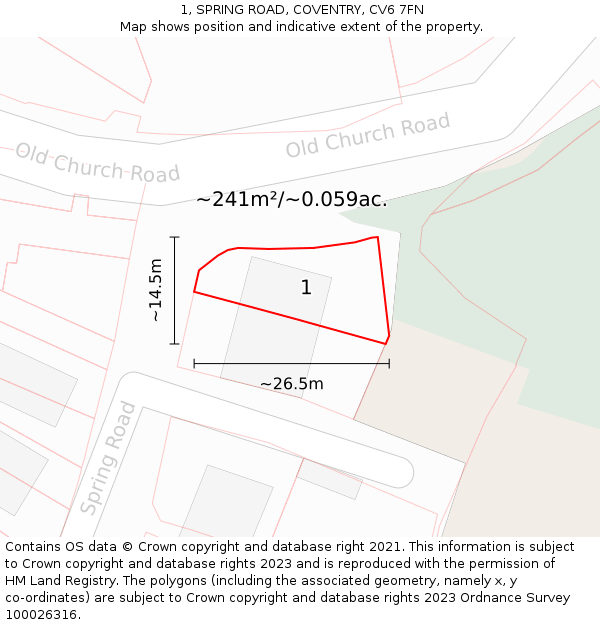 1, SPRING ROAD, COVENTRY, CV6 7FN: Plot and title map