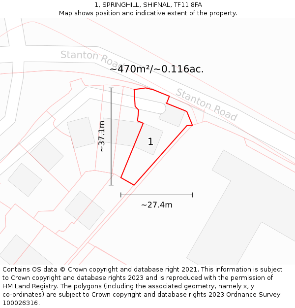 1, SPRINGHILL, SHIFNAL, TF11 8FA: Plot and title map