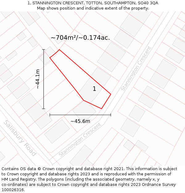 1, STANNINGTON CRESCENT, TOTTON, SOUTHAMPTON, SO40 3QA: Plot and title map