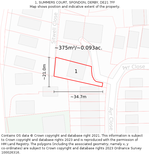 1, SUMMERS COURT, SPONDON, DERBY, DE21 7FF: Plot and title map