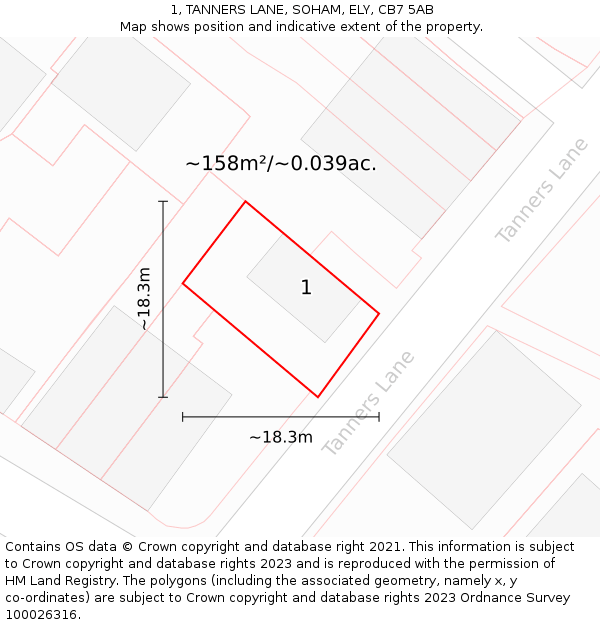 1, TANNERS LANE, SOHAM, ELY, CB7 5AB: Plot and title map