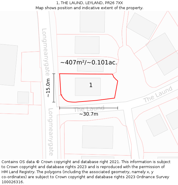 1, THE LAUND, LEYLAND, PR26 7XX: Plot and title map