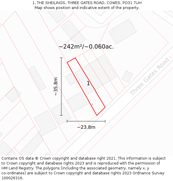 1, THE SHEILINGS, THREE GATES ROAD, COWES, PO31 7UH: Plot and title map