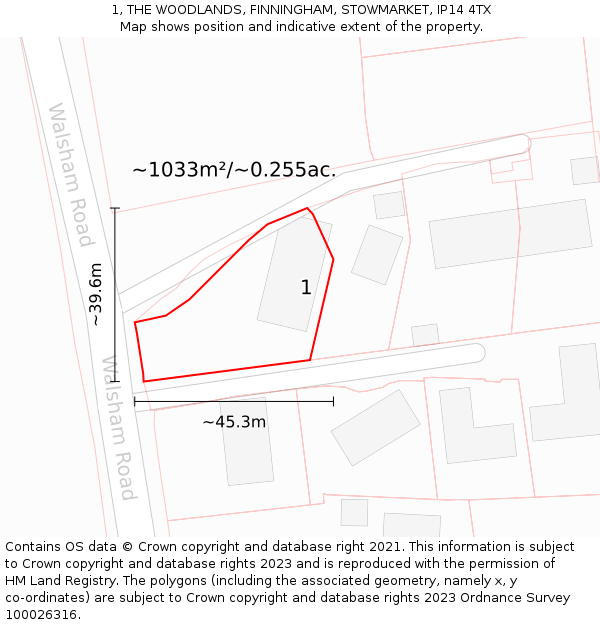 1, THE WOODLANDS, FINNINGHAM, STOWMARKET, IP14 4TX: Plot and title map