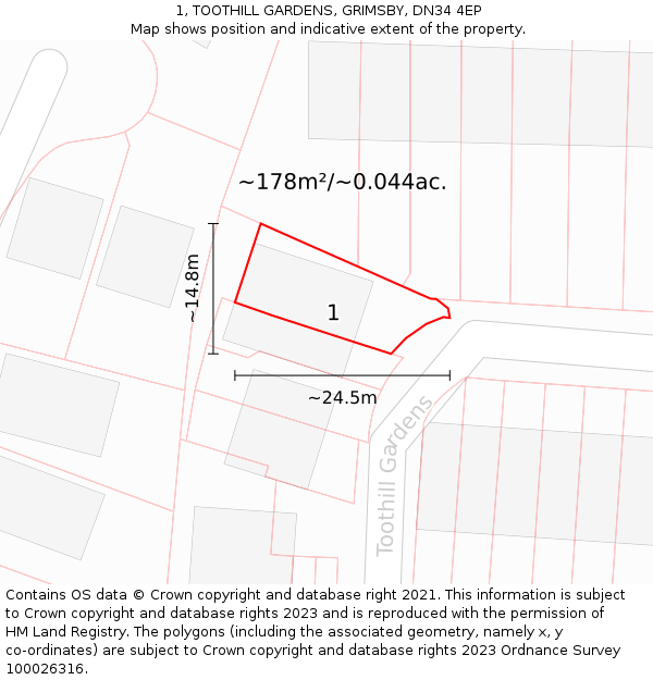 1, TOOTHILL GARDENS, GRIMSBY, DN34 4EP: Plot and title map