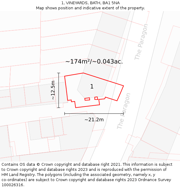 1, VINEYARDS, BATH, BA1 5NA: Plot and title map