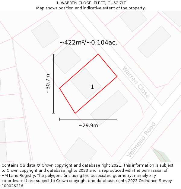 1, WARREN CLOSE, FLEET, GU52 7LT: Plot and title map