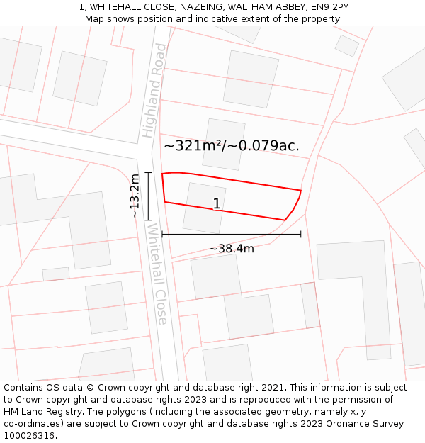 1, WHITEHALL CLOSE, NAZEING, WALTHAM ABBEY, EN9 2PY: Plot and title map