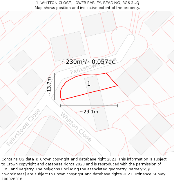 1, WHITTON CLOSE, LOWER EARLEY, READING, RG6 3UQ: Plot and title map