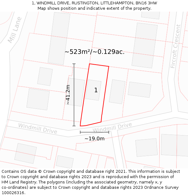 1, WINDMILL DRIVE, RUSTINGTON, LITTLEHAMPTON, BN16 3HW: Plot and title map