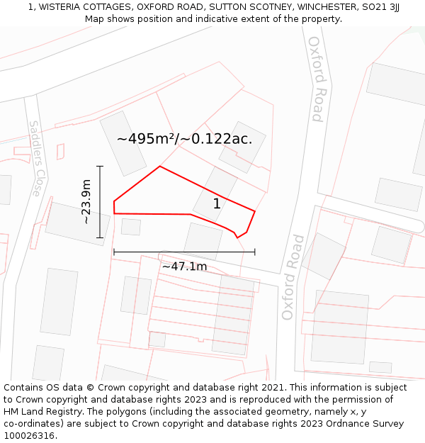 1, WISTERIA COTTAGES, OXFORD ROAD, SUTTON SCOTNEY, WINCHESTER, SO21 3JJ: Plot and title map