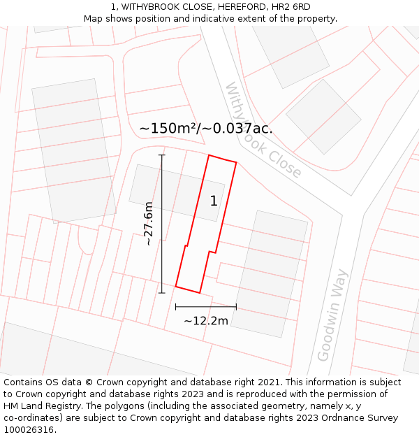 1, WITHYBROOK CLOSE, HEREFORD, HR2 6RD: Plot and title map