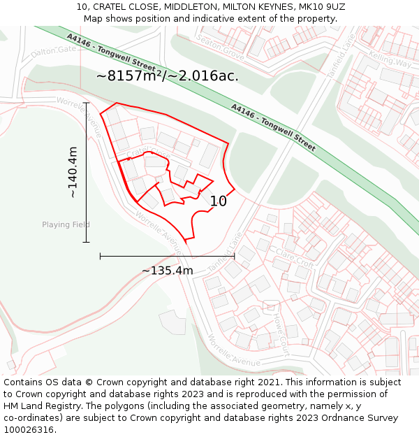 10, CRATEL CLOSE, MIDDLETON, MILTON KEYNES, MK10 9UZ: Plot and title map