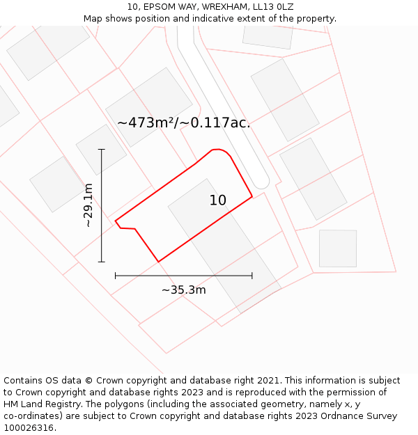 10, EPSOM WAY, WREXHAM, LL13 0LZ: Plot and title map