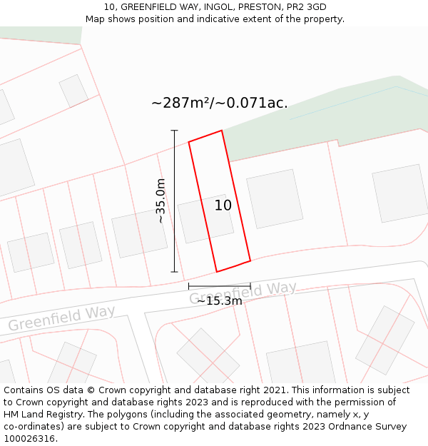 10, GREENFIELD WAY, INGOL, PRESTON, PR2 3GD: Plot and title map
