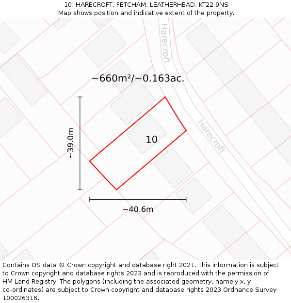 10, HARECROFT, FETCHAM, LEATHERHEAD, KT22 9NS: Plot and title map