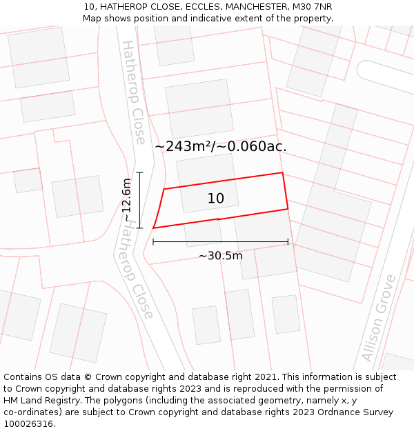 10, HATHEROP CLOSE, ECCLES, MANCHESTER, M30 7NR: Plot and title map