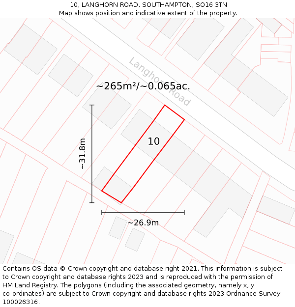 10, LANGHORN ROAD, SOUTHAMPTON, SO16 3TN: Plot and title map
