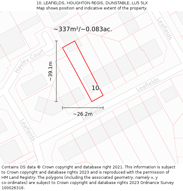 10, LEAFIELDS, HOUGHTON REGIS, DUNSTABLE, LU5 5LX: Plot and title map