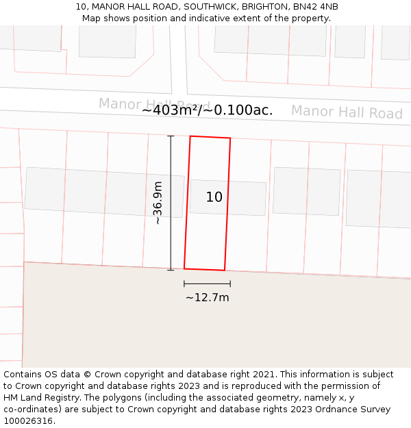 10, MANOR HALL ROAD, SOUTHWICK, BRIGHTON, BN42 4NB: Plot and title map