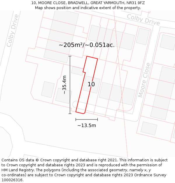 10, MOORE CLOSE, BRADWELL, GREAT YARMOUTH, NR31 9FZ: Plot and title map