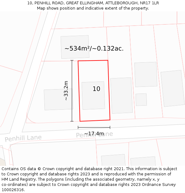 10, PENHILL ROAD, GREAT ELLINGHAM, ATTLEBOROUGH, NR17 1LR: Plot and title map
