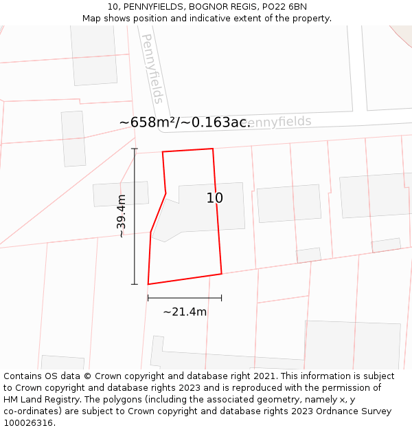 10, PENNYFIELDS, BOGNOR REGIS, PO22 6BN: Plot and title map