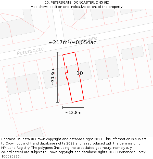 10, PETERSGATE, DONCASTER, DN5 9JD: Plot and title map