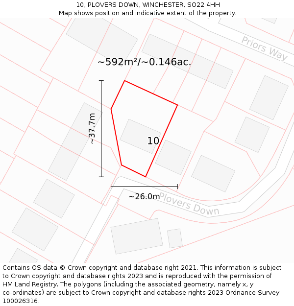 10, PLOVERS DOWN, WINCHESTER, SO22 4HH: Plot and title map