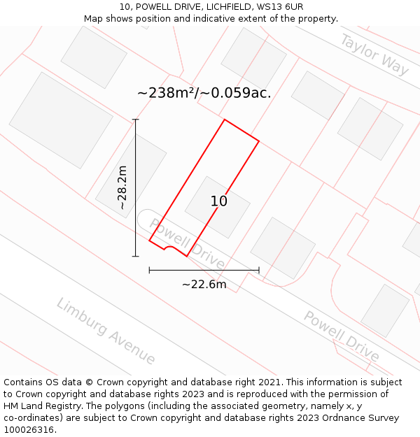 10, POWELL DRIVE, LICHFIELD, WS13 6UR: Plot and title map