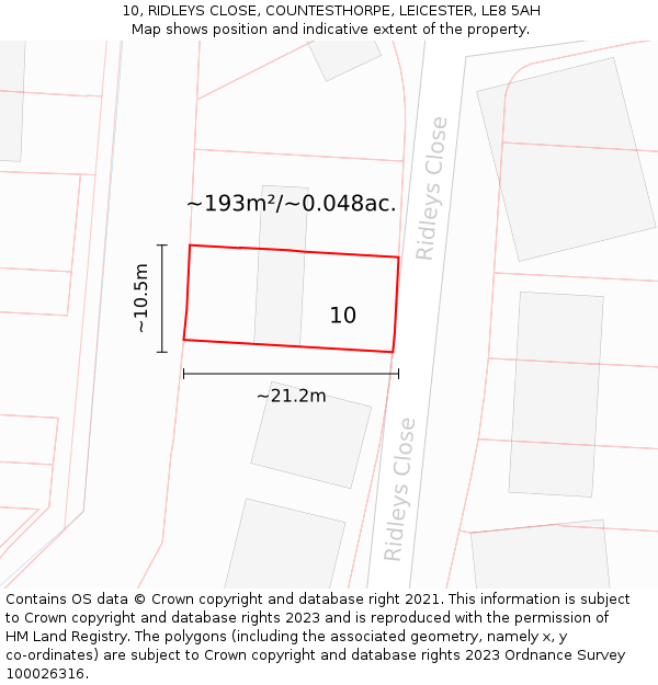 10, RIDLEYS CLOSE, COUNTESTHORPE, LEICESTER, LE8 5AH: Plot and title map