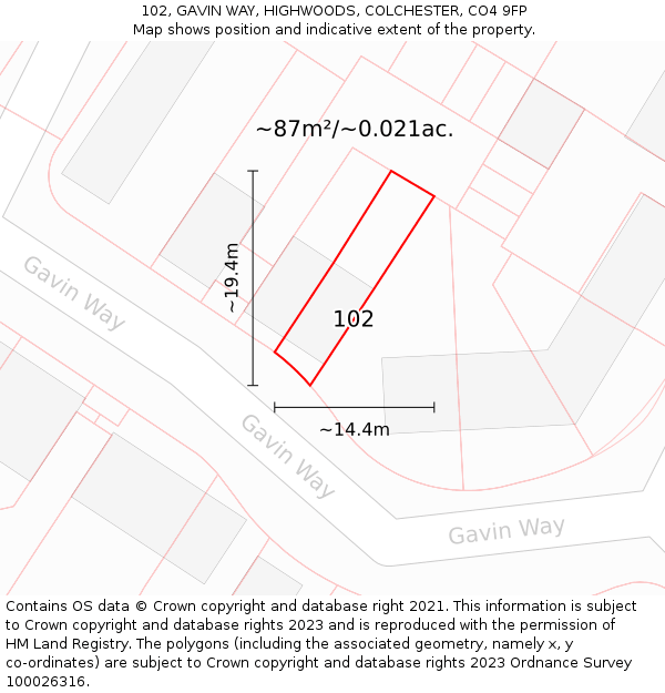 102, GAVIN WAY, HIGHWOODS, COLCHESTER, CO4 9FP: Plot and title map