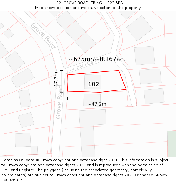 102, GROVE ROAD, TRING, HP23 5PA: Plot and title map