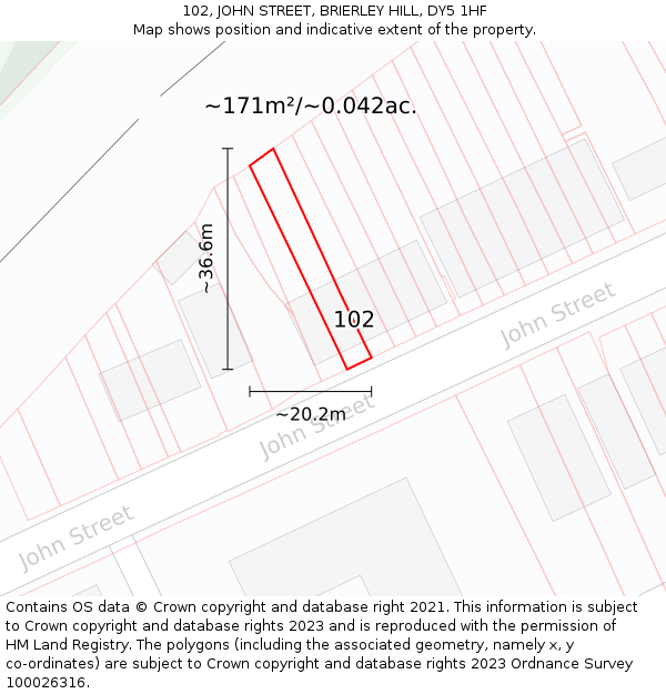 102, JOHN STREET, BRIERLEY HILL, DY5 1HF: Plot and title map