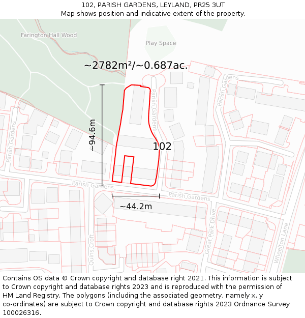 102, PARISH GARDENS, LEYLAND, PR25 3UT: Plot and title map