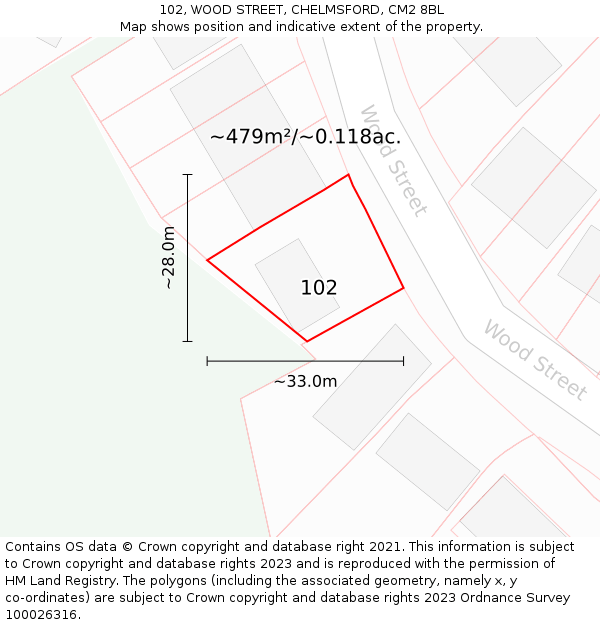 102, WOOD STREET, CHELMSFORD, CM2 8BL: Plot and title map