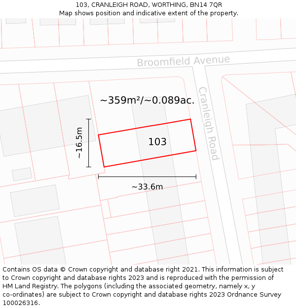 103, CRANLEIGH ROAD, WORTHING, BN14 7QR: Plot and title map