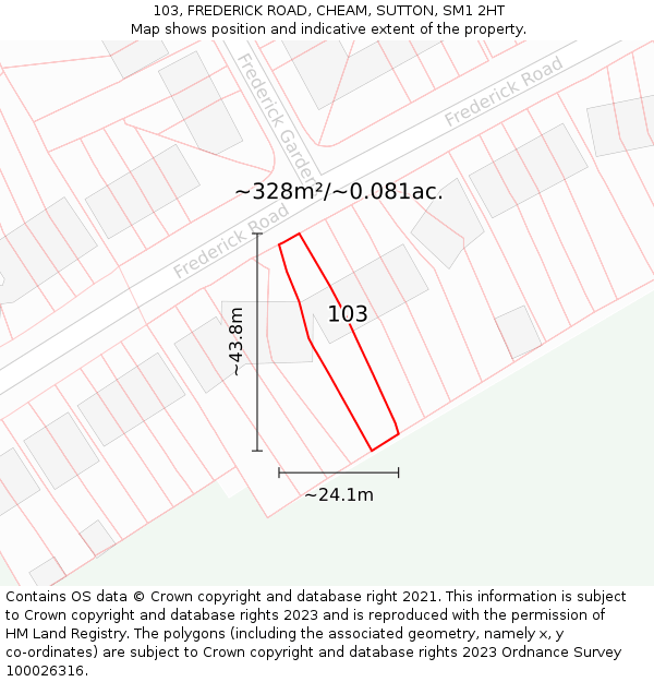 103, FREDERICK ROAD, CHEAM, SUTTON, SM1 2HT: Plot and title map