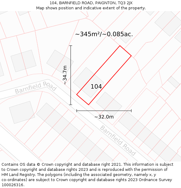 104, BARNFIELD ROAD, PAIGNTON, TQ3 2JX: Plot and title map